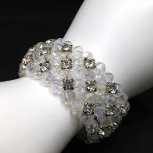 Clear Crystal & Rhinestone Beaded Stretch Wide Bracelet, 7 Inches